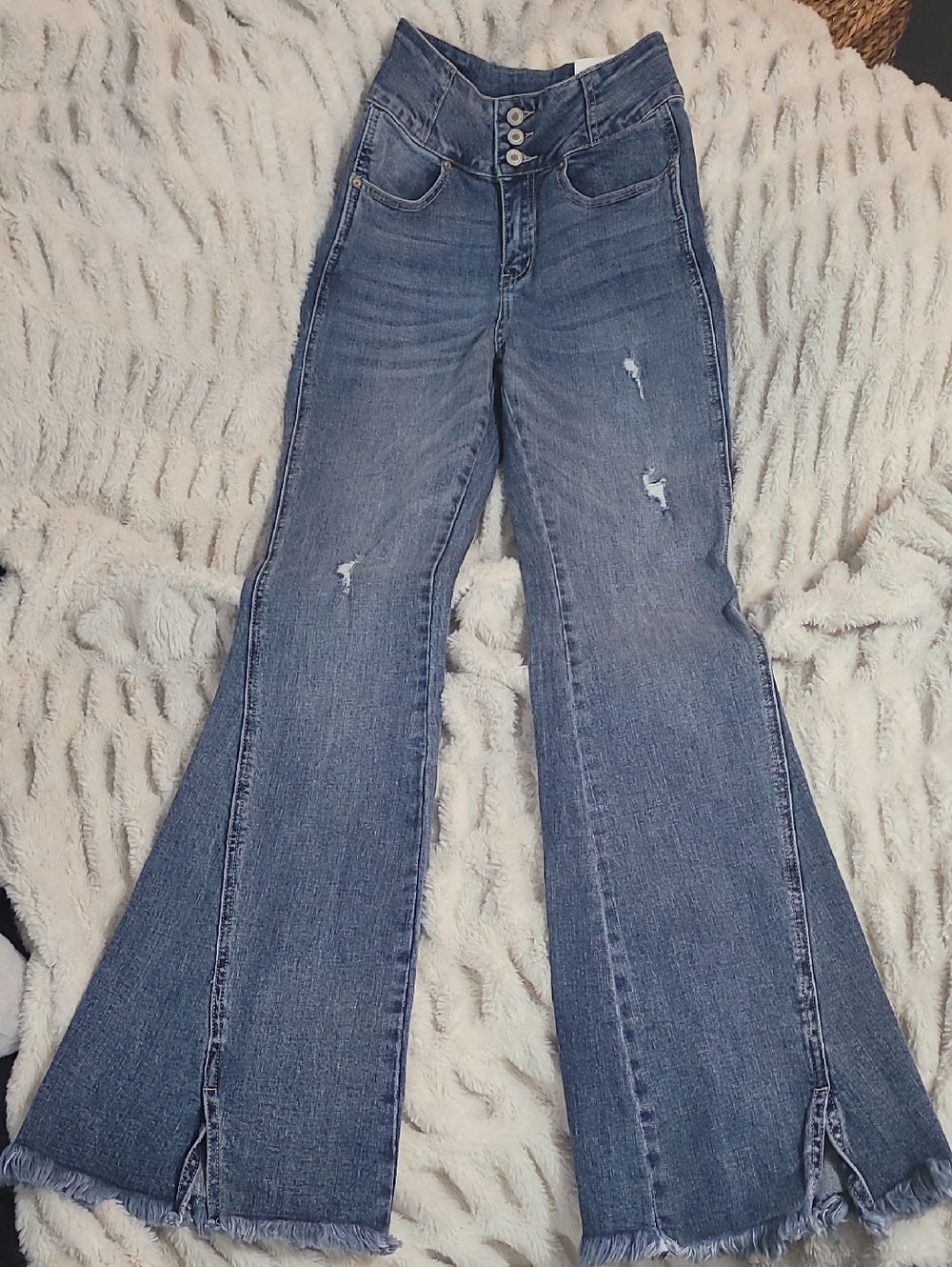 KanCan Medium Blue Frayed-Hem Wide Leg Jeans